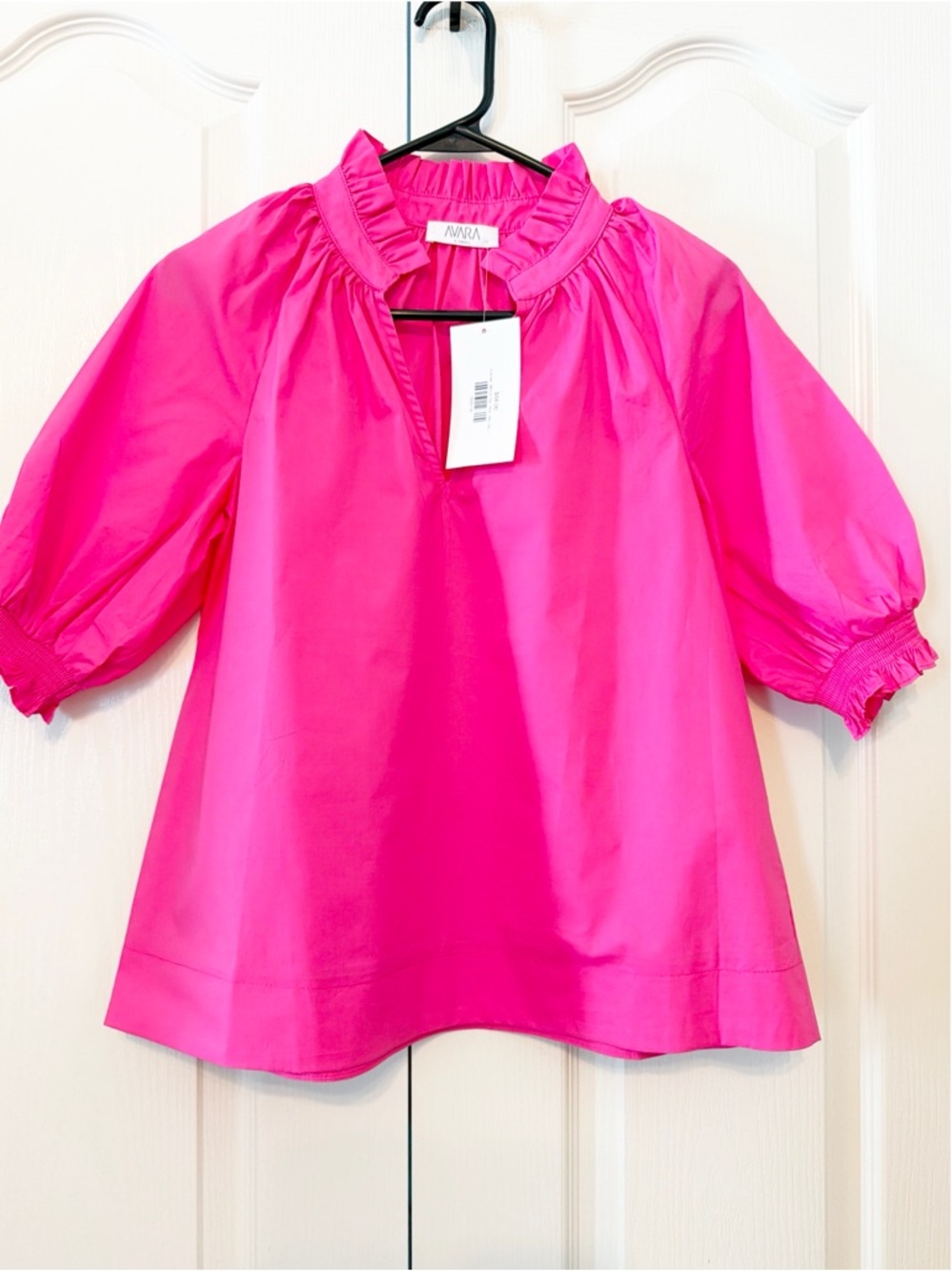 Avara Bright Pink Ruffled Neck Puff Sleeve Blouse